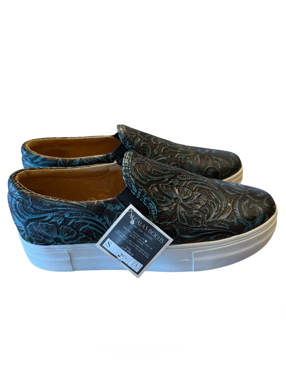 Alcalas Boots Womens Size 8 Slip-On Floral Tooled Leather Casual Sneakers Teal